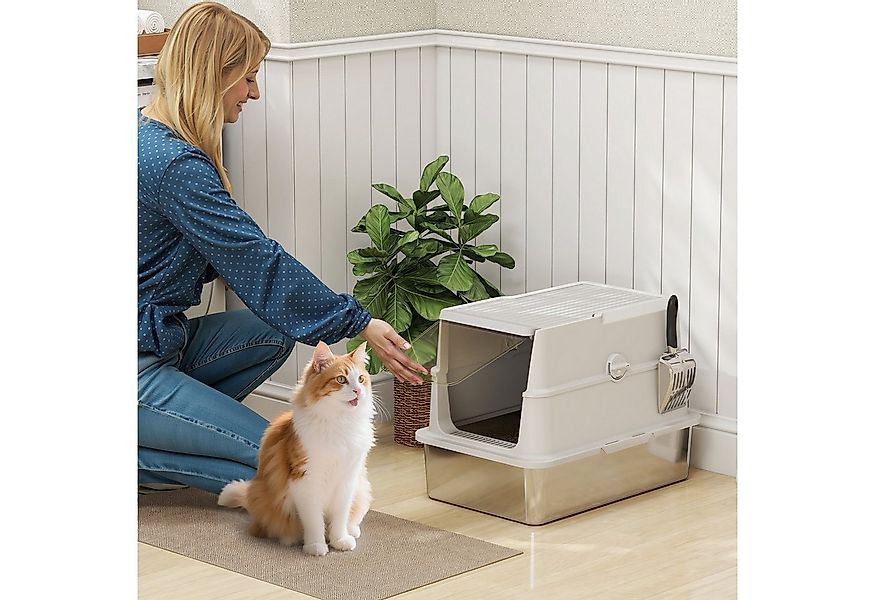 PawHut Katzentoilette Katzenklo aus Edelstahl mit Deckel, Streuschaufel, mi günstig online kaufen