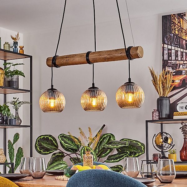 hofstein Pendelleuchte Hängelampe aus Metall/Holz/Riffelglas in günstig online kaufen