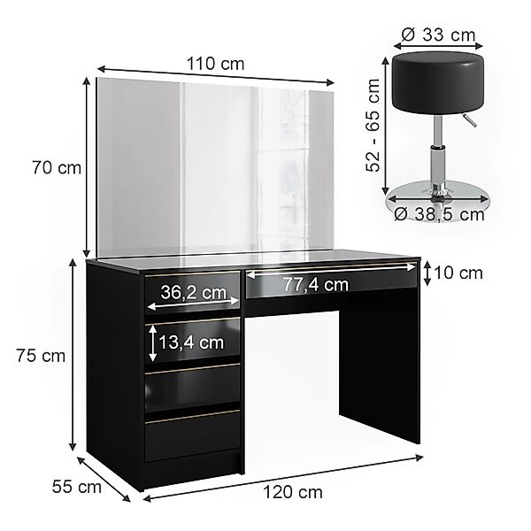 Vicco Schminktisch Sherry, Schwarz, 120 cm günstig online kaufen