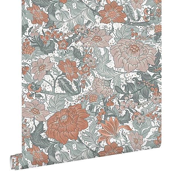 ESTAhome Tapete Blumenmuster Blaugrün und Terrakotta 50 x 900 cm günstig online kaufen