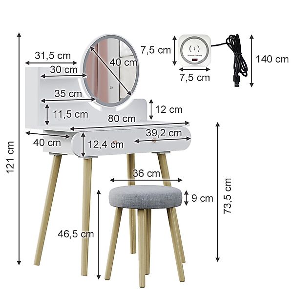 Vicco Schminktisch Edda Weiß 80 cm mit LED-Spiegel und QI-Ladestation günstig online kaufen