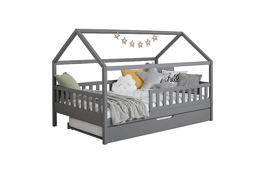 Ticaa Hausbett Kay mit Rausfallschutz und Zusatzbett aus Kiefer, Kinderbett günstig online kaufen