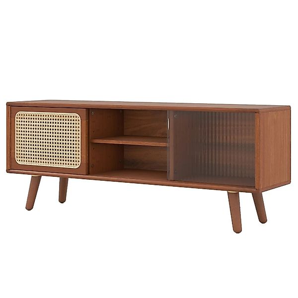 Costway Bambus TV Schrank mit Rattan- & Glasschiebetür Braun günstig online kaufen