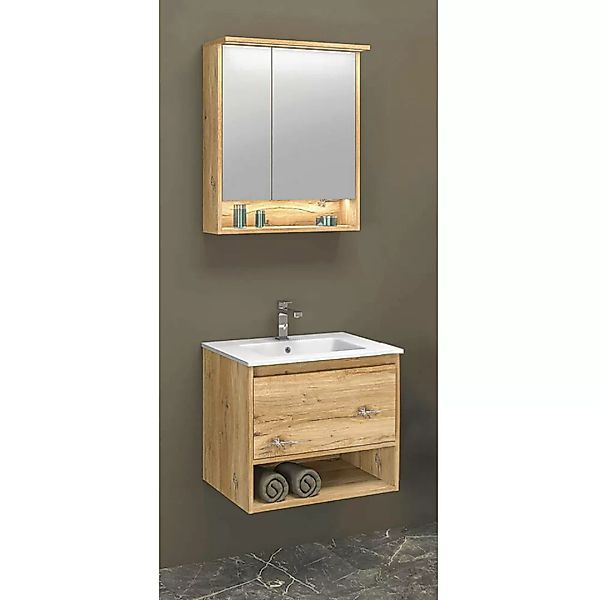 Waschplatz Set mit 60cm Waschtisch und Spiegelschrank Eiche MILAZZO-147 günstig online kaufen