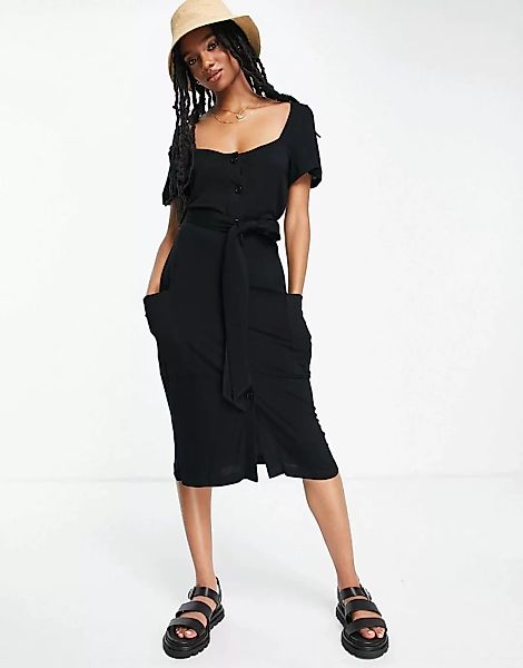 French Connection – Jersey-Kleid in Schwarz mit eckigem Ausschnitt und Knöp günstig online kaufen