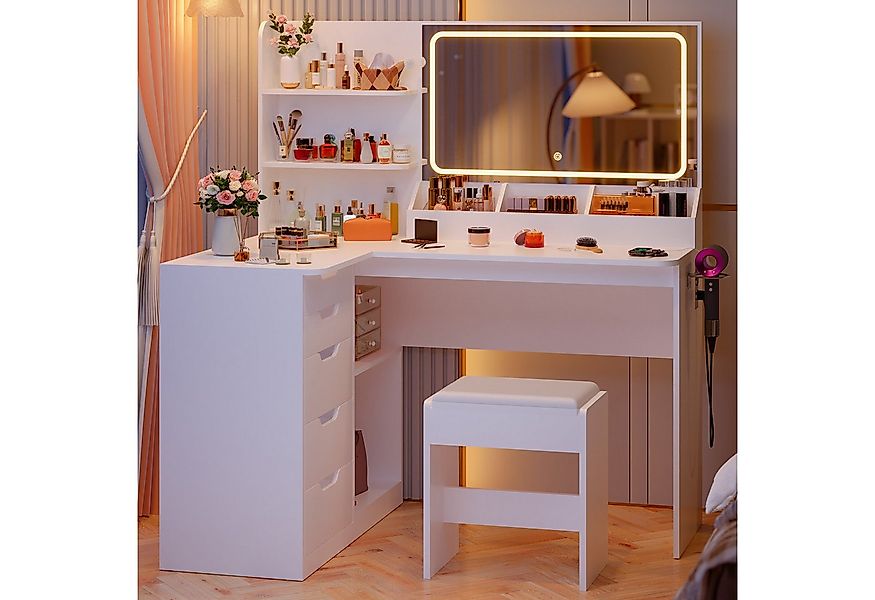 Furnicopia Schminktisch LED-Schminktisch mit großer Ablagefläche und Hocker günstig online kaufen