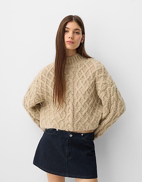 Bershka Pullover Mit Stehkragen Und Flechtmuster Damen Xs Beige günstig online kaufen