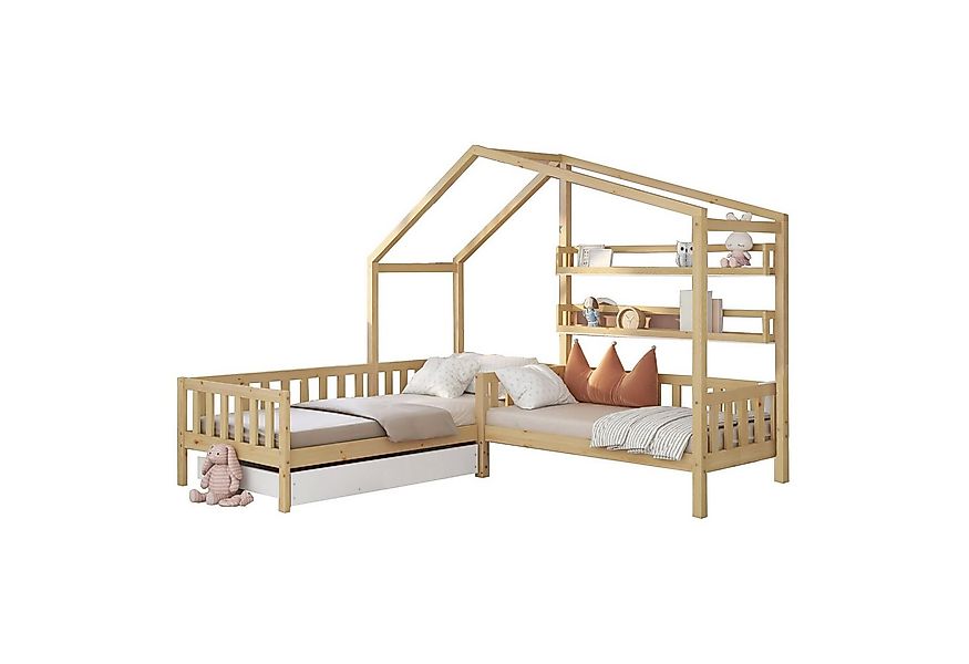 Flieks Kinderbett (1-tlg), Massivholz L-Struktur Hausbett 90x200cm+70x140cm günstig online kaufen