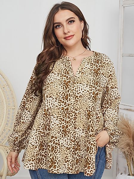 Plus Size V-Ausschnitt Leopard Knopf Design Langarm Bluse günstig online kaufen