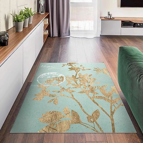 Vinyl-Teppich Goldene Blätter auf Turquoise II günstig online kaufen