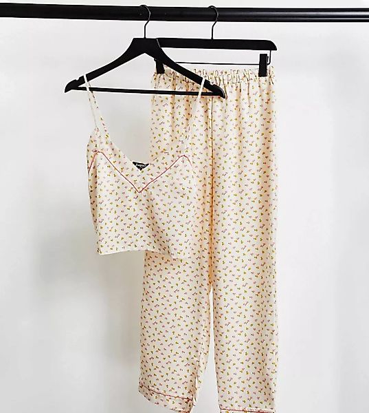Loungeable Petite – Langes Pyjama-Set aus Satin mit Camisole und Blümchenmu günstig online kaufen