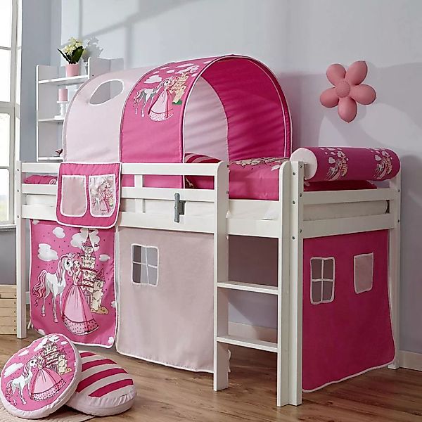 Kinderhochbett in Weiß Pink und Rosa Prinzessin Motiv günstig online kaufen