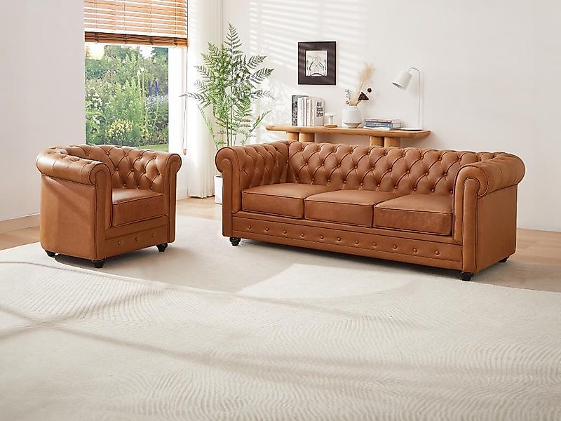 Sofa 3-Sitzer & Sessel - Rindsleder - Camelfarben - CHESTERFIELD günstig online kaufen