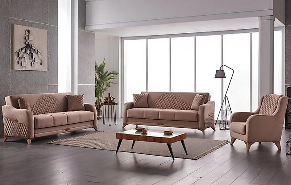 JVmoebel Sofa Komplette Couchgarnitur Stoffsofa Polstersofa Beige Set Couch günstig online kaufen