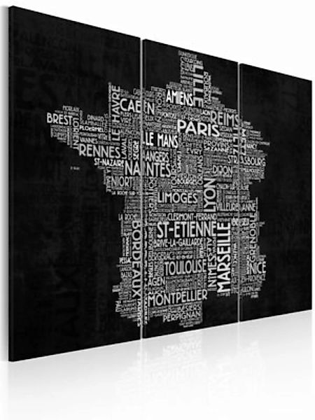 artgeist Wandbild Text map of France on the black background - triptych wei günstig online kaufen