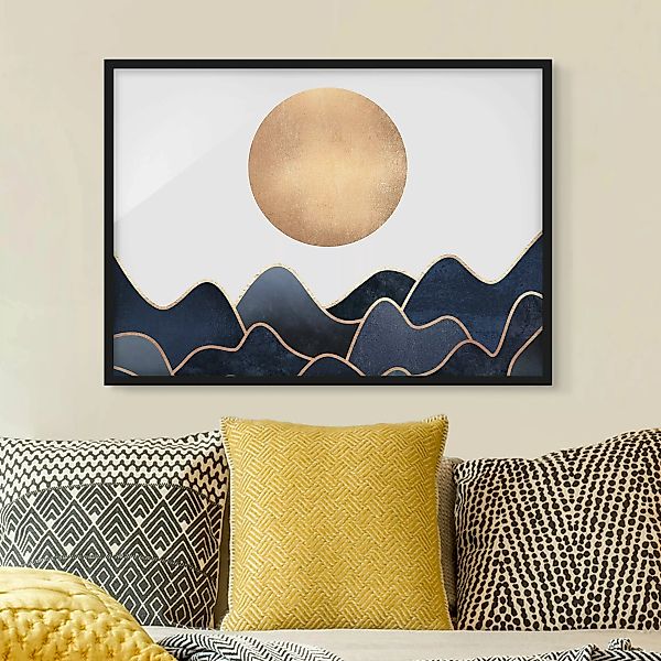 Bild mit Rahmen Abstrakt - Querformat Goldene Sonne blaue Wellen günstig online kaufen