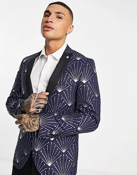 Twisted Tailor – Anzugjacke in Marineblau mit geometrischem Folienprint in günstig online kaufen