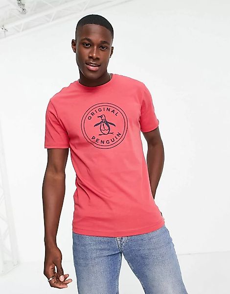 Original Penguin – T-Shirt mit Stempel-Logoprint-Rot günstig online kaufen