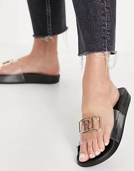River Island – Slider-Sandalen aus Kunststoff mit Markenlogo in Schwarz günstig online kaufen
