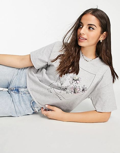 Miss Selfridge – T-Shirt mit Les-Fleurs-Print-Grau günstig online kaufen