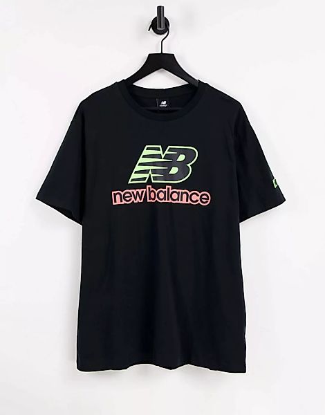 New Balance – T-Shirt in Schwarz mit Neon-Logo-Grau günstig online kaufen