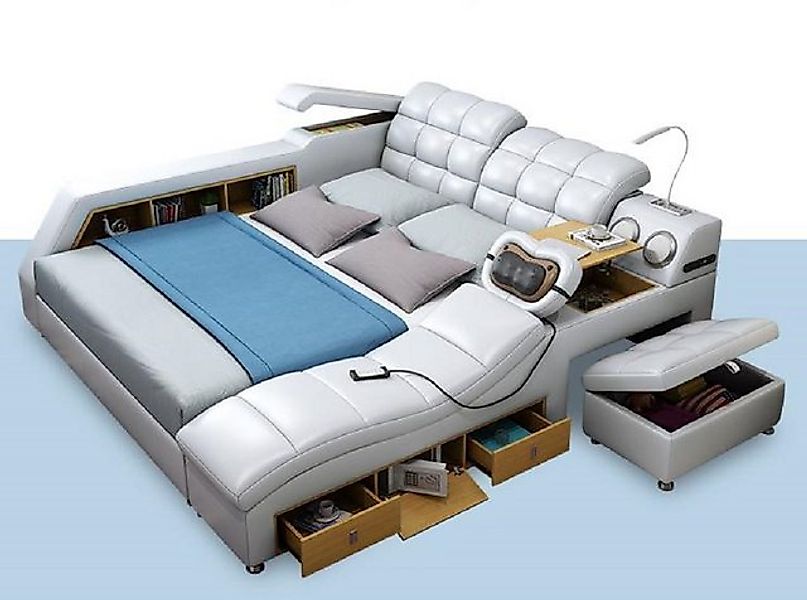 Xlmoebel Multimediabett Neues Doppelbett mit Lederpolsterung, Regalen und M günstig online kaufen
