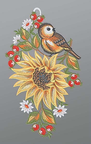 Plauener Spitze® Fensterbild Sonnenblume mit Vögelchen, günstig online kaufen