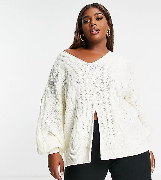 ASOS DESIGN Curve – Pullover mit Zopfmuster und Schlitz vorne-Weiß günstig online kaufen