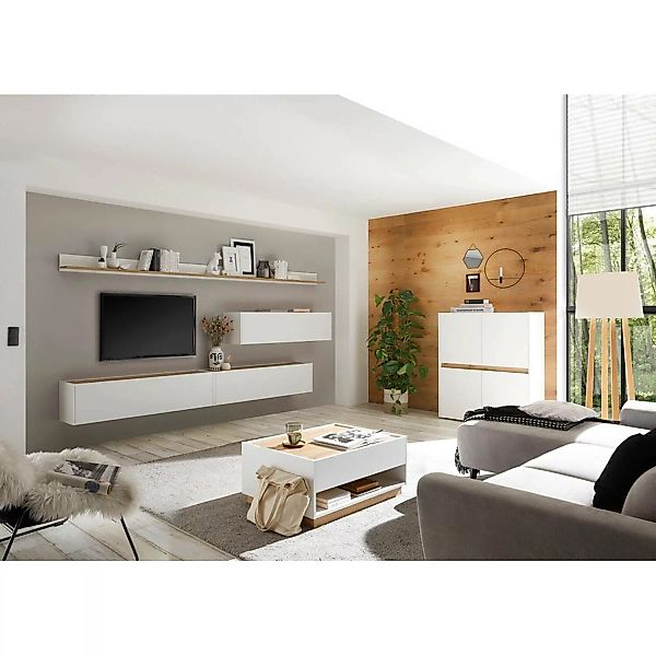 Komplettes Wohnzimmer Set CRISP-61 in weiß mit Absetzungen in Wotan Eiche N günstig online kaufen