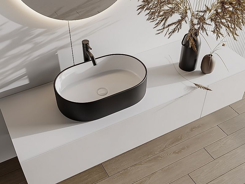 Aufsatzwaschbecken oval - Keramik - Schwarz und Weiß - 56 x 35,5 cm - IWA I günstig online kaufen