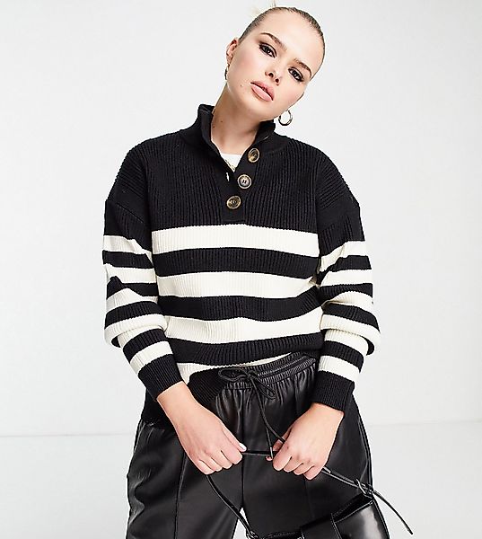 Mango Curve – Pullover in Schwarz mit kontrastierenden Streifen und halber günstig online kaufen