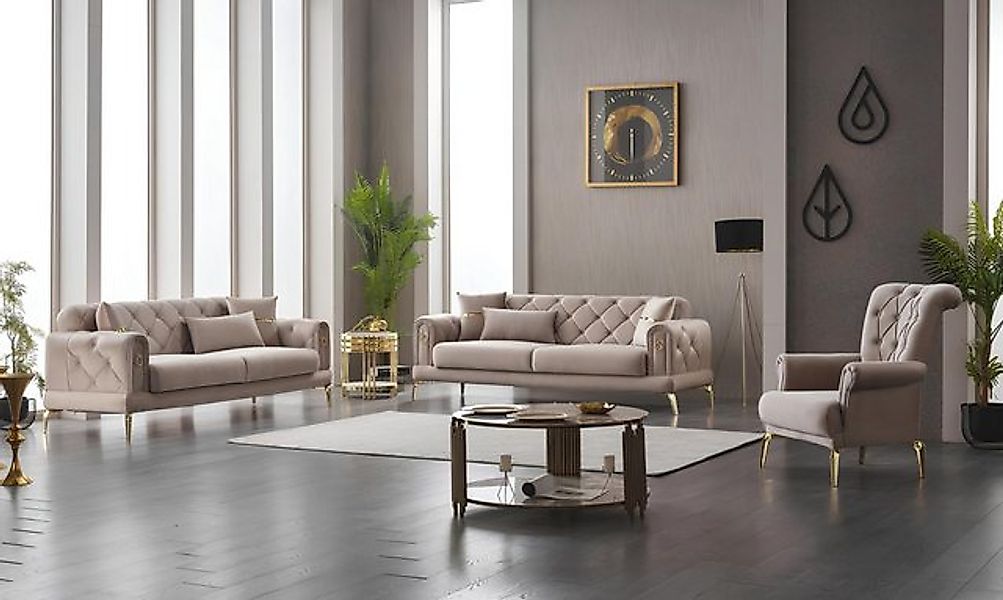 JVmoebel Sofa Sofagarnitur Dreisitzer Sofa Stoffsofa Polstersofa Beige Sess günstig online kaufen