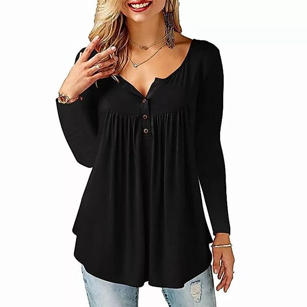 KIKI Blusentop T-Shirt Damen V-Ausschnitt Knopfleiste Bluse Solide Tunika L günstig online kaufen