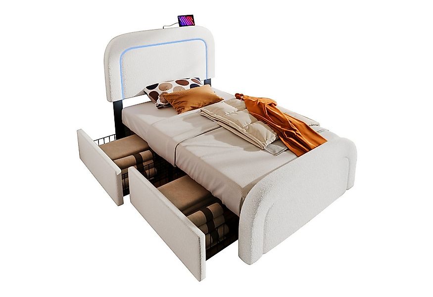 Flieks Polsterbett, LED Holzbett mit Ladefunktion und Schubladen 90x200cm L günstig online kaufen
