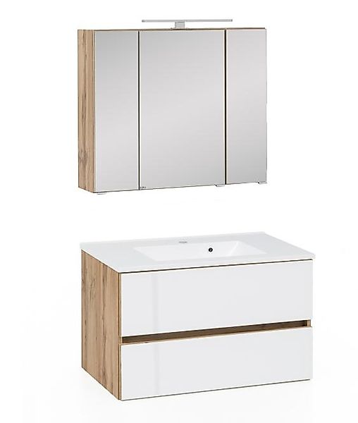 Waschtisch-Set 80 HELSINKI von Held Möbel Wotan Eiche / Glas weiß günstig online kaufen