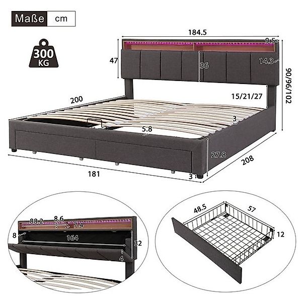 Flieks Polsterbett, LED Hydraulisches Doppelbett mit Schubladen 180x200cm L günstig online kaufen