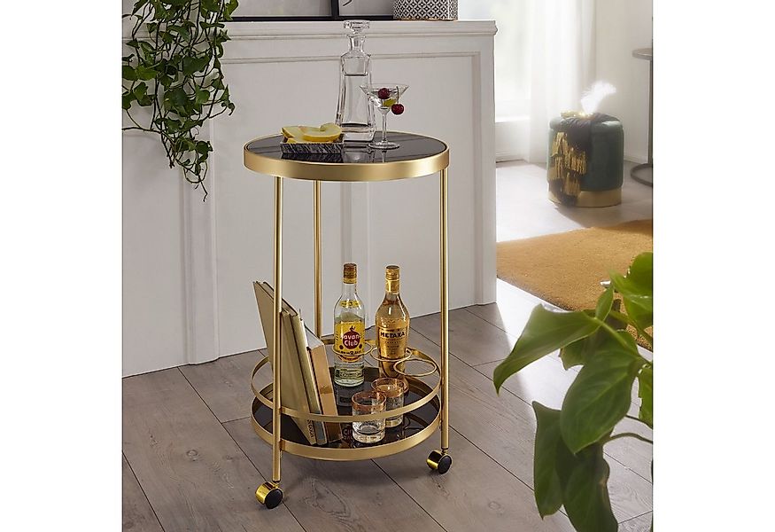 FINEBUY Servierwagen Gold Beistelltisch auf Rollen Glas Speisewagen Rund Ø günstig online kaufen