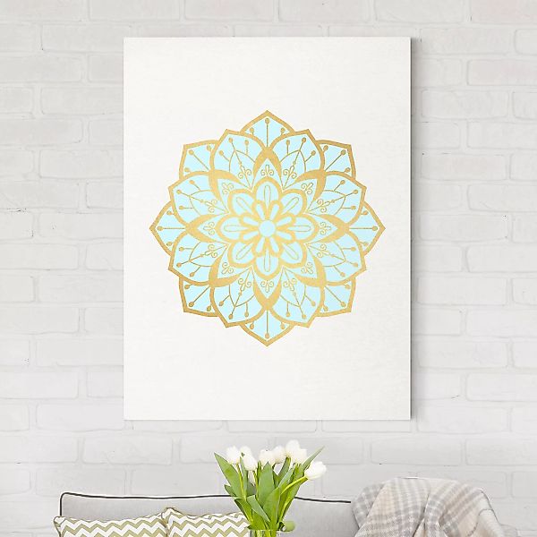 Leinwandbild Mandala Illustration Blüte hellblau gold günstig online kaufen