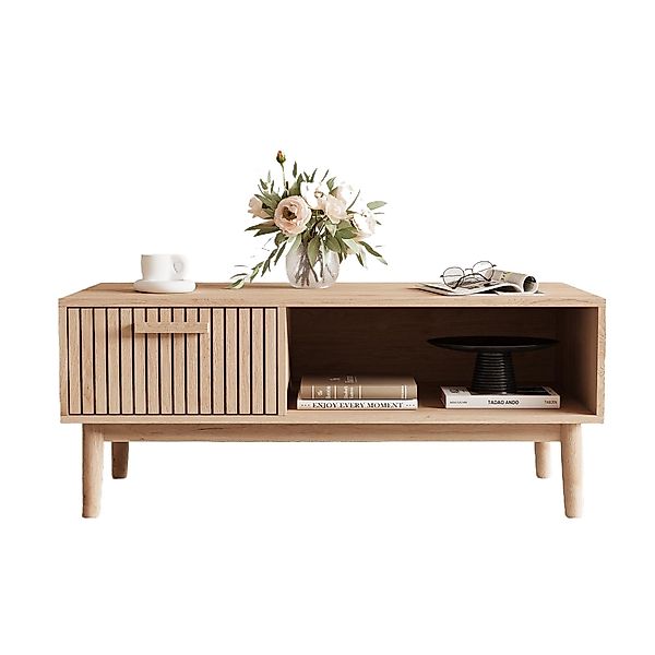 FUROKOY TV-Schrank (100cm Holzfarbenes Rattan-Couchtisch, mit günstig online kaufen