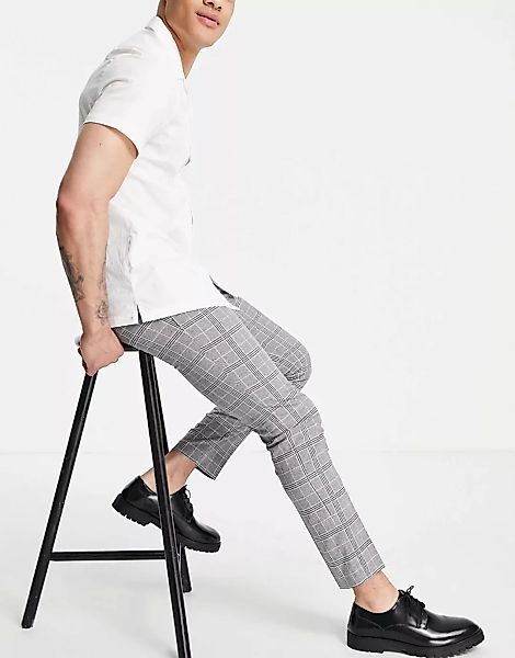 Topman – Eng geschnittene Hose in Grau mit Gitterkaros günstig online kaufen