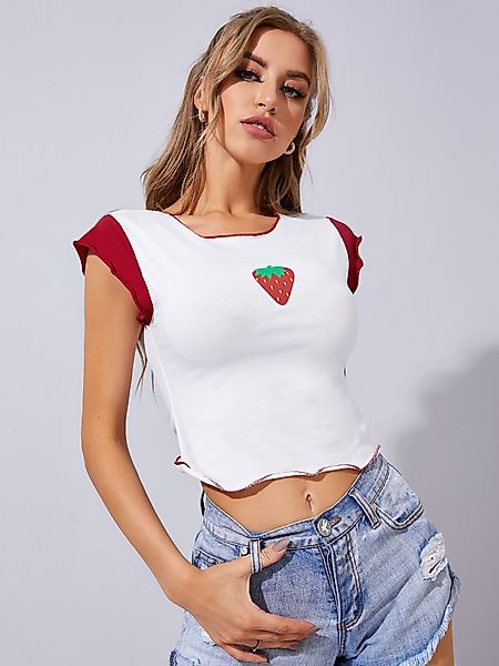 YOINS Strawberry Pattern Salat-Rand Crew Neck Cap Sleeves T-Shirt günstig online kaufen