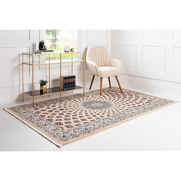 Rechteckiger Kurzflor Teppich mit orientalischem Muster Cremefarben günstig online kaufen
