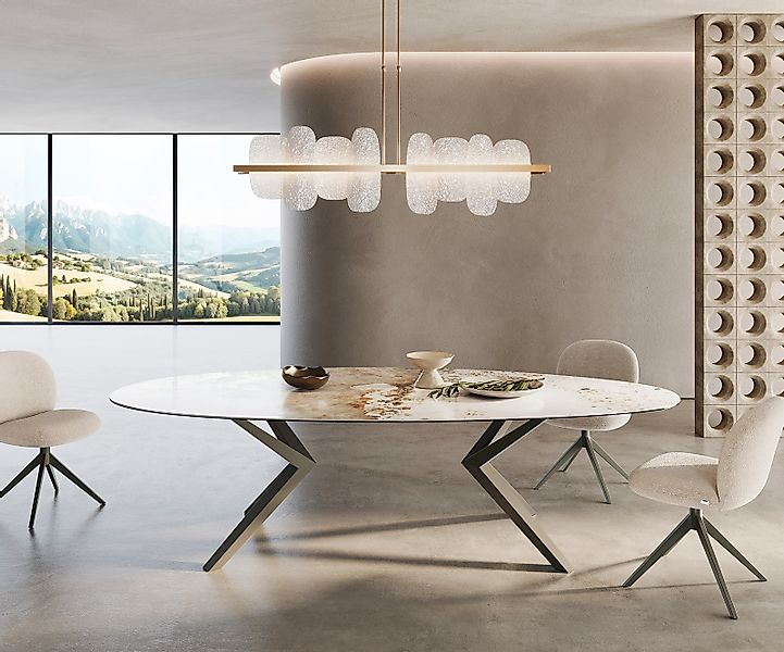 Esstisch Edge Oval 280x130 Keramik Minas Melange Weiß-Beige Zenthara kantig günstig online kaufen