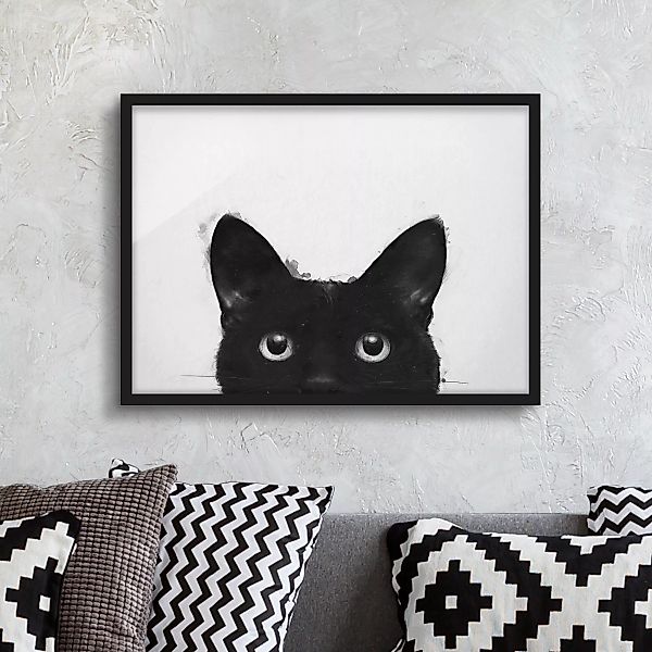 Bild mit Rahmen Tiere - Querformat Illustration Schwarze Katze auf Weiß Mal günstig online kaufen