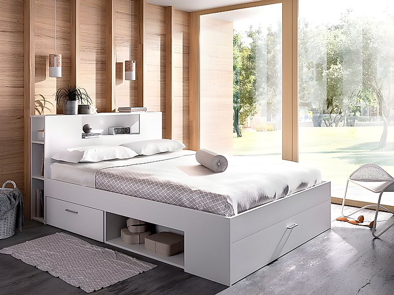 Bett mit Kopfteil, Stauraum & Schubladen - 160 x 200 cm - Weiß - LEANDRE günstig online kaufen