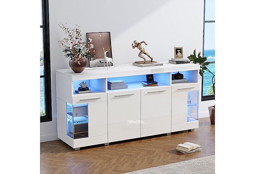HAUSS SPOLE Sideboard Hochglanz mit LED Licht, Seitenschrank aus Glas mit 3 günstig online kaufen