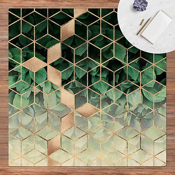 Kork-Teppich Grüne Blätter goldene Geometrie günstig online kaufen