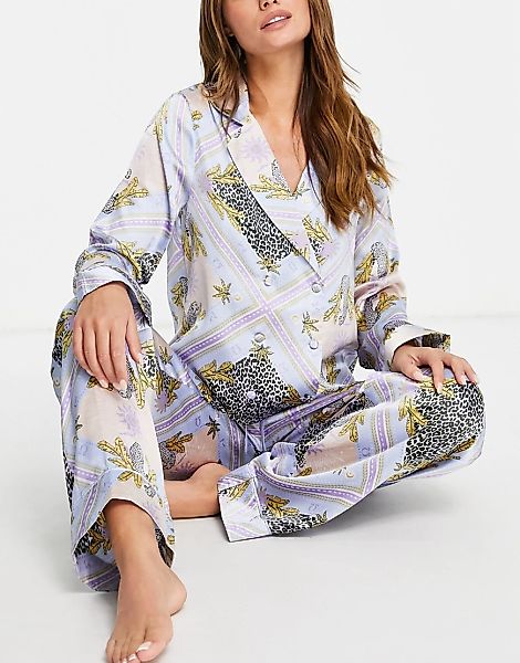 ASOS DESIGN – Pyjama aus zweireihigem Hemd und Hose in Blau mit botanischem günstig online kaufen
