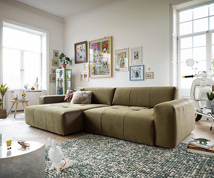 DELIFE Ecksofa Lazaro, Samt Olive 300x160 cm Ottomane links mit Rückentiefe günstig online kaufen