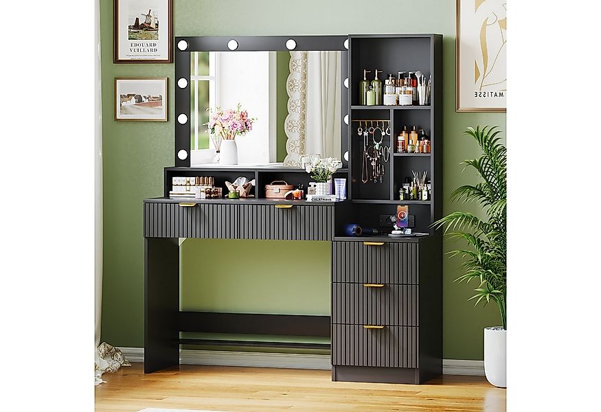 Furnicopia Schminktisch Einstellbare LED-Beleuchtung Fünf Schubladen und si günstig online kaufen